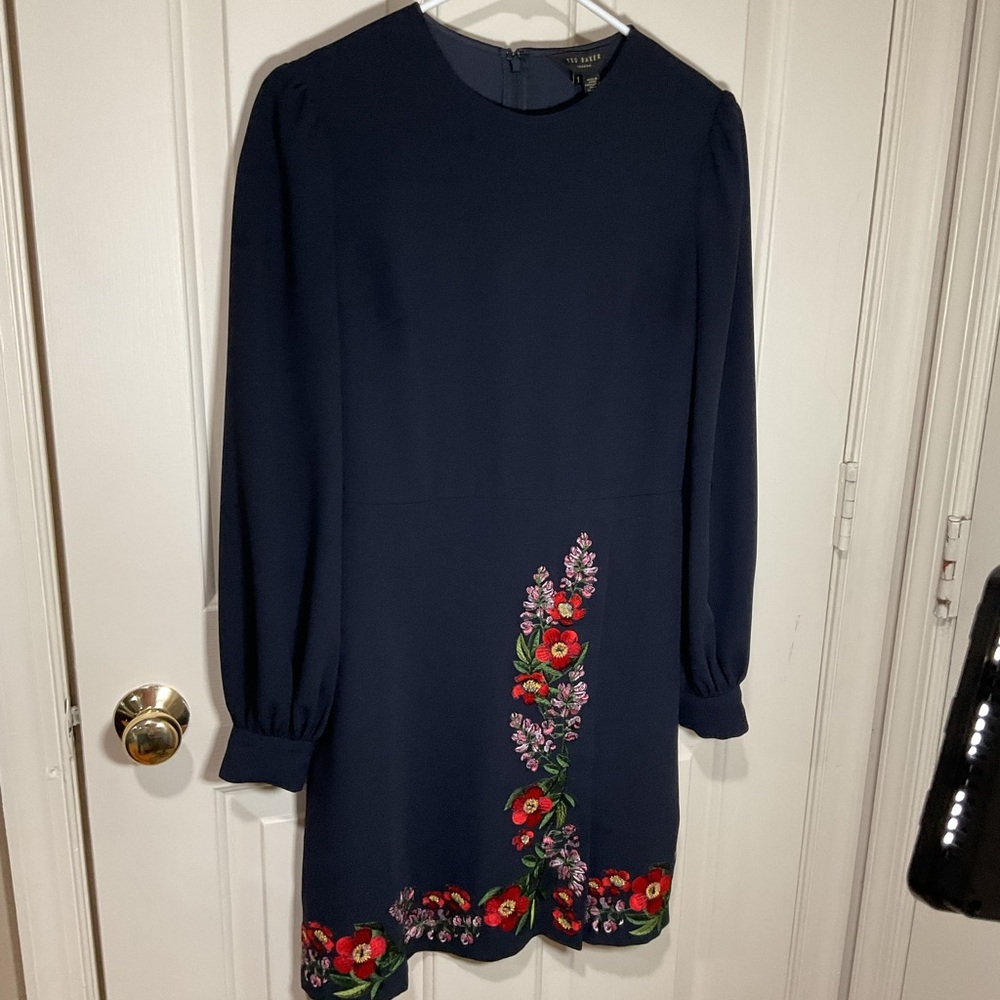 Ted Baker blue mini dress floral embroidery size 1 balloon, cuffed long sleeves.
